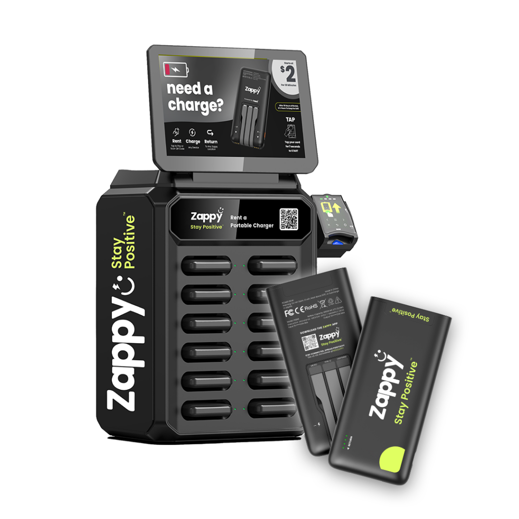 Zappy 12-Slots Portable Charger Station with two portable chargers. One on the left with backside up. Another one on the right with front side up.