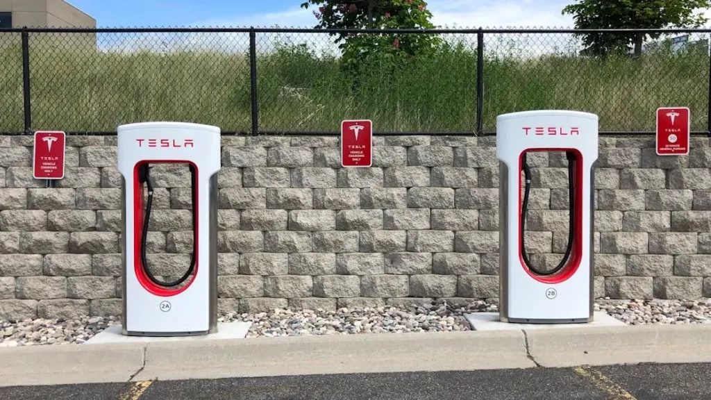 White and red phone charging stations for events.