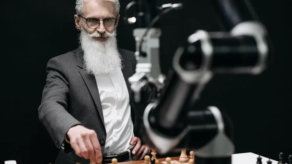 Strategic chess game between man and robotic arm; showcasing "Innovations That Count" in tradition and tech.