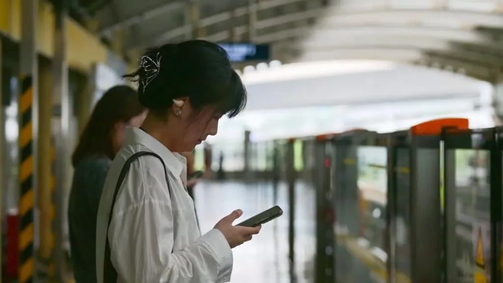 Woman using her cell phone at a train station showcasing Portable Phone Charging Stations.