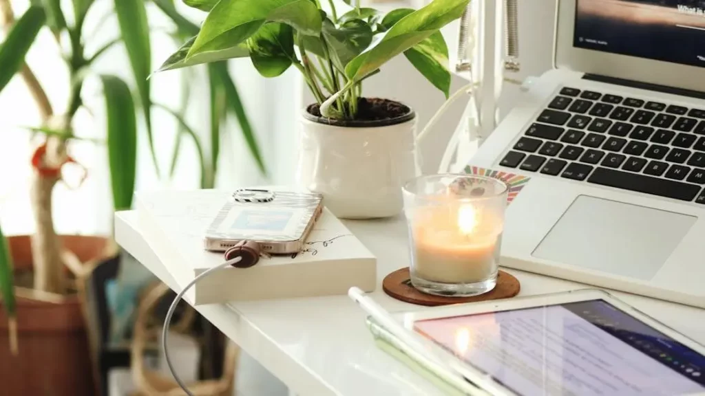 Home office desk with laptop and plants, showcasing effective Charging Solutions in a serene setting.