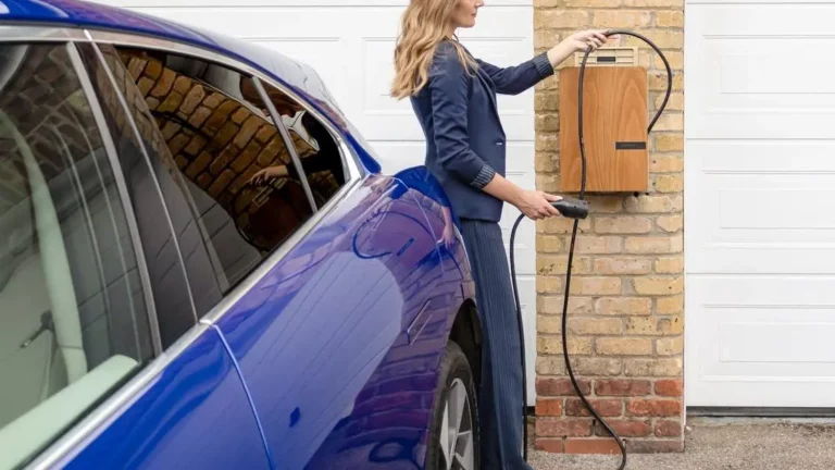 Woman charging electric car at home station, highlighting Installing vs. Renting Charging Solutions.