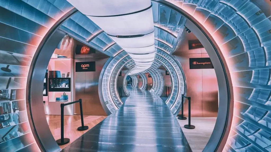 Neon-lit tunnel showcasing how Technology Is Transforming the Mall Experience in Beijing.